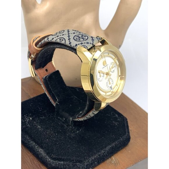 Tory Burch Women\'s Watch TBW1035 Monogram Quartz Chronograph Gold Leather 37mm
